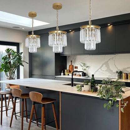 Small Gold Crystal Chandeliers for Kitchen Island Small Pendant Light Mini Contemporary Ceiling Pendant Light Fixture for Dining Room, Bedroom, Entryway 8 Inches