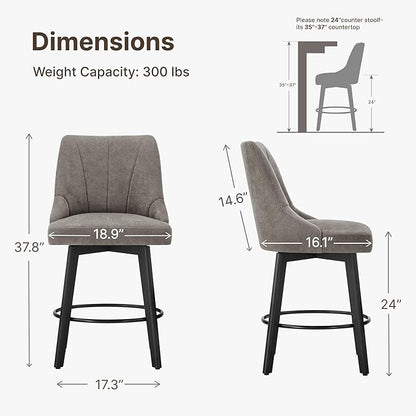 24" Counter Height Bar Stools Set of 2, Swivel Bar Stools with Backs, Fabric Upholstered Counter Barstools with Solid Wood Legs for Kitchen Island,Grey