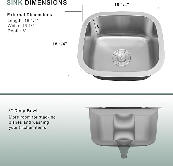 18 Inch Undermount Kitchen Sink, 18 x 16 x 8 Inch Stainless Steel Bar Sink Undermount Small Kitchen Sink RV Round Corner Sinks with Drain Assembly