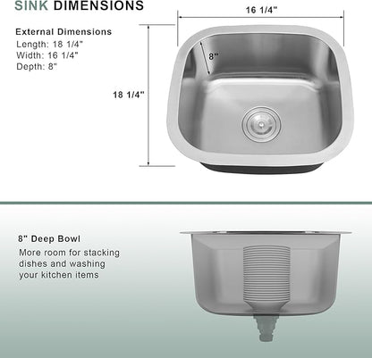 18 Inch Undermount Kitchen Sink, 18 x 16 x 8 Inch Stainless Steel Bar Sink Undermount Small Kitchen Sink RV Round Corner Sinks with Drain Assembly