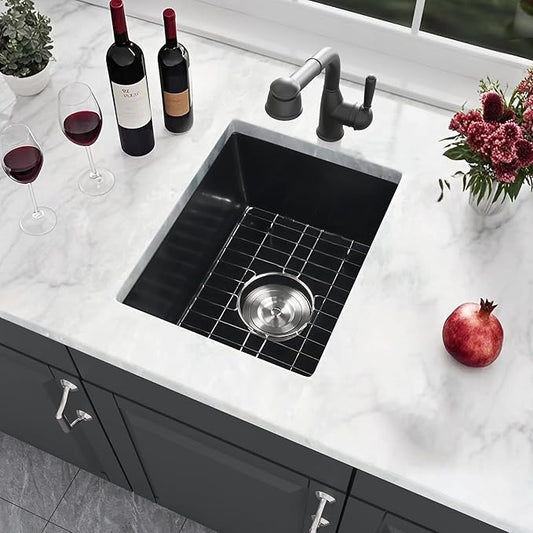 MILOSEN Black Undermount Bar Sink, 16×18 Inch Small Black Wet Bar or Prep Sink, 9 Inch Deep Granite Composite Outdoor Single Bowl Basin with Accessories, Small Quartz Sinks