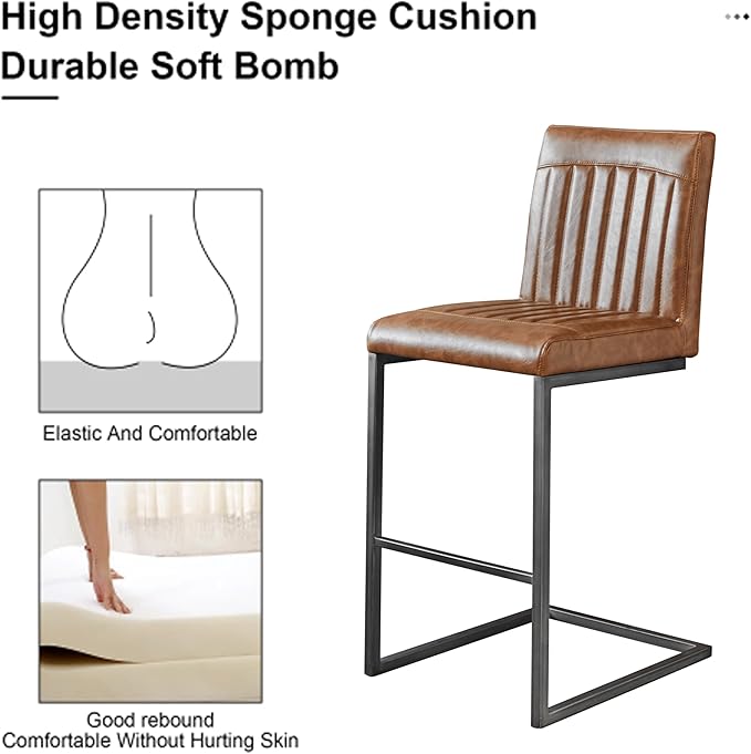 26" Counter Height Bar Stools Set of 2, Modern Upholstered Chairs with Vertical Tufted Backrest & Footrest, Metal Frame for Kitchen Island, Home Bar (Cognac PU Leather)