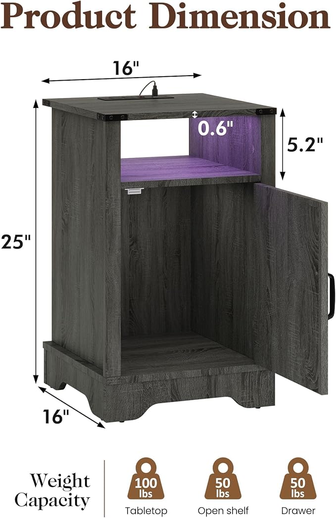 RoyalCraft 25" Tall Nightstands Set of 2, Farmhouse LED Nightstand with Charging Station, Wood End Table with Storage, Bedside Table for Bedroom, Dark Grey