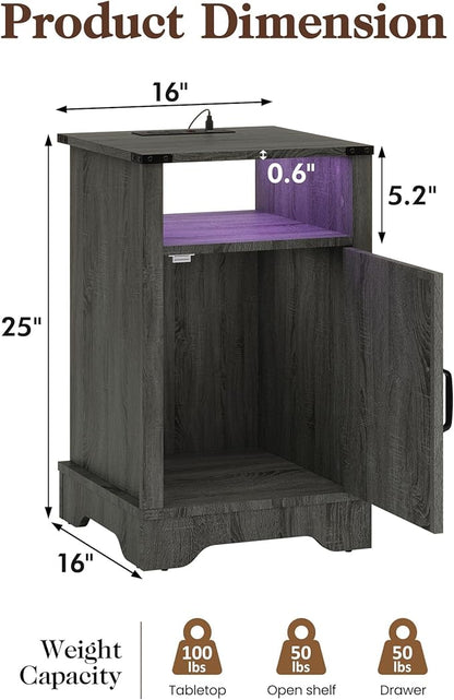 RoyalCraft 25" Tall Nightstands Set of 2, Farmhouse LED Nightstand with Charging Station, Wood End Table with Storage, Bedside Table for Bedroom, Dark Grey