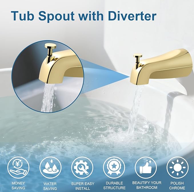 Universal Gold Tub Spout for 1/2" Copper Pipe, 1/2" IPS and 3/4" IPS, Bathtub Faucet with Diverter and Adapter and Hex Wrench (Polished Gold)