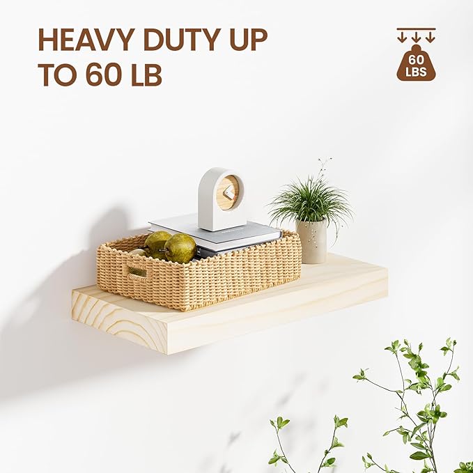 Heimlove Unfinished Wood Floating Shelves, Pine Shelves for Wall Set of 2, Wall Mounted Rustic Wood 8 Inch Deep Floating Shelf with Invisible Brackets for Bedroom Kitchen Living Room - Natural, 16x8