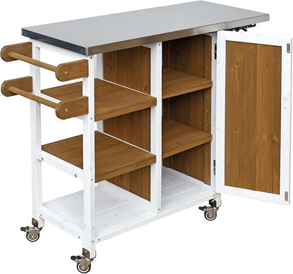 JIJIWANG 33.4" Foldable Outdoor Kitchen Island Patio Kitchen Island Outdoor Kitchen Cart Portable Prep Station with Lockable Wheels, Storage Cabinet and Towel Rack for Patio and Outdoor White+Brown