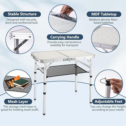 YihuiKo Folding Picnic Table, Small Camping Table with Adjustable Heights, Portable Lightweight Aluminum Side Table for Office, Beach, Garden, Travel