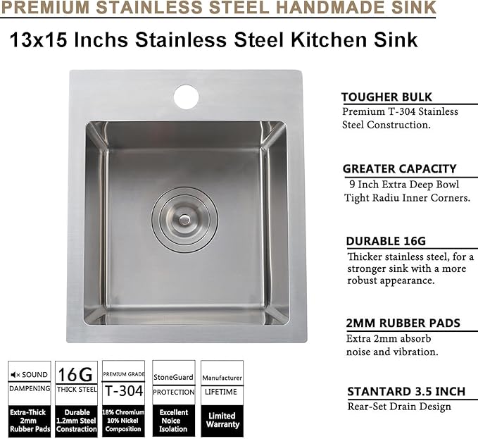 SHACO 13x15 Inch Drop In RV Bar Sink, Topmount 16 Gauge Stainless Steel Single Bowl Small Kitchen Outdoor Sink with Strainer Drain