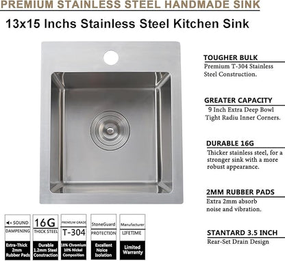 SHACO 13x15 Inch Drop In RV Bar Sink, Topmount 16 Gauge Stainless Steel Single Bowl Small Kitchen Outdoor Sink with Strainer Drain