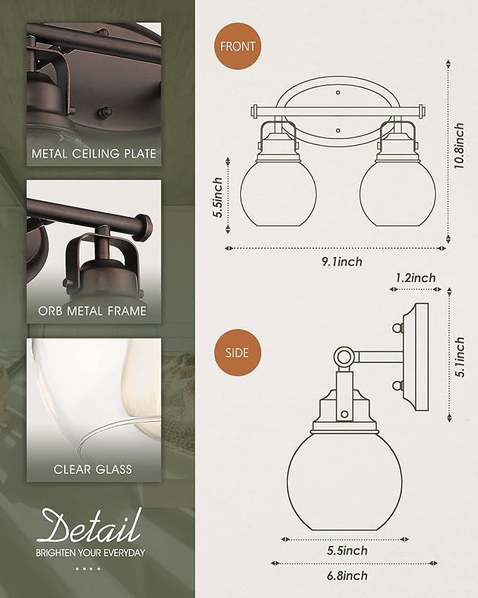 Farmhouse Vintage Bathroom Light Fixtures, 2-Light Wall Mount Lighting Sconce Over Mirror, Oil Rubbed Bronze Vanity Lights with Globe Clear Glass, AD-2147-2W