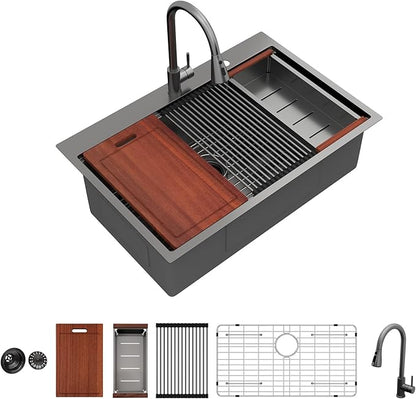 Sarlai 33 Black Kitchen Sink with Faucet- 33x22 Inch Drop In Kitchen Sink Gunmetal Black Ledge Workstation Sinks 16 Gauge Stainless Steel Single Bowl Topmount Sinks Basin with Pull-out Faucet