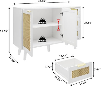 Gyger Rattan Kitchen Buffet Cabinet with 2 Doors 3 Shelves, Sideboard with Storage, Accent Cabinet for Kitchen, Dining Room, Hallway, Cupboard Console Table, White