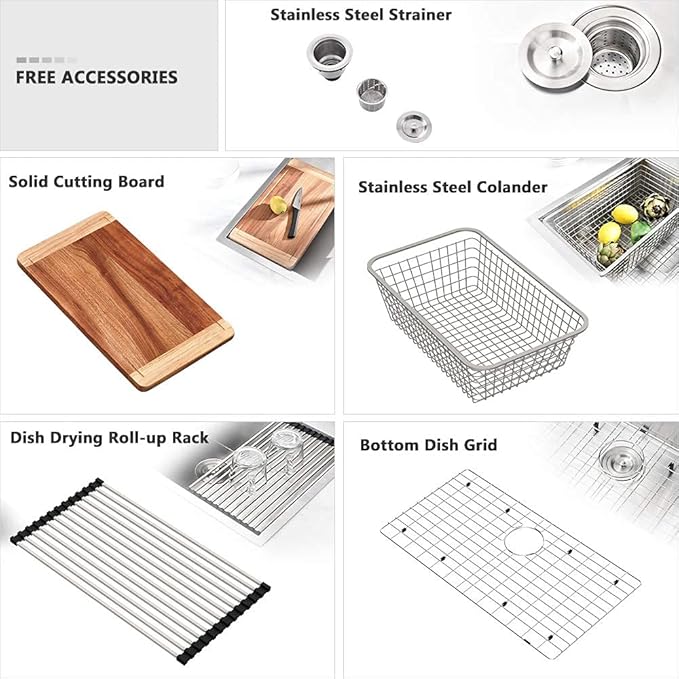 33 Inch Kitchen Sinks Drop In Workstation-VASOYO 33 x 22 Drop In Top Mount Kitchen Sink Stainless Steel 16 Gauge Deep Single Bowl Overmount Sink with Cutting Board