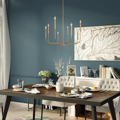 Antique Gold Chandelier, Modern Dining Room Lighting Fixture, 8-Light Candle Style Hanging Chandelier for Living Room, Bedroom, Kitchen Island, Foyer, Dia 27”