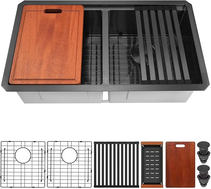 Black Undermount Kitchen Sink 32 x 18 Inch, 50/50 Double Bowl Kitchen Sinks, 16 Gauge Stainless Steel Workstation Sink with Ledge & Accessories, 32" x 18" x 10" Large and Deep Double Sink