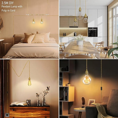 Plug in Pendant Light Kit with Switch, 11.5ft Gold Hanging Light Cord, E26 Metal Ceramic Socket, Industrial Plug-in Lights Fixture for Living Room Bedroom