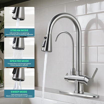 Kitchen Faucet with Water Filter Faucet, Brushed Nickel Stainless Steel Drinking Water Faucet, High Arc 2 Handle Kitchen Sink Faucet with Pull Down Sprayer for Kitchen Sink Farmhouse Bar