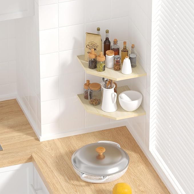 JJL Corner Shelving, Set of 2 Floating Wall Shelf for Wall Organizer Storage, Easy-to-Assemble, Floating Shelf for Boys Room Décor, Modern Home Decor(14.76in Light White)