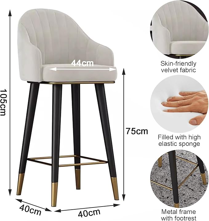 Swivel Stools Set of 2, Counter Height stools with Back and Footrest, Upholstered Chairs for Dining Room Home Kitchen Island,White-Sitting Height 75cm