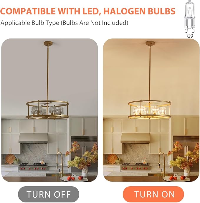 21.7" Round Gold Chandelier Ceiling 6-Light Modern Pendant Lighting Fixture Adjustable Height Chandeliers with Glass Lampshade for Bedroom Dining Room Kitchen Foyer