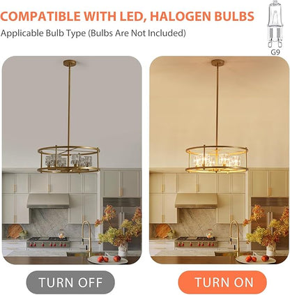 21.7" Round Gold Chandelier Ceiling 6-Light Modern Pendant Lighting Fixture Adjustable Height Chandeliers with Glass Lampshade for Bedroom Dining Room Kitchen Foyer