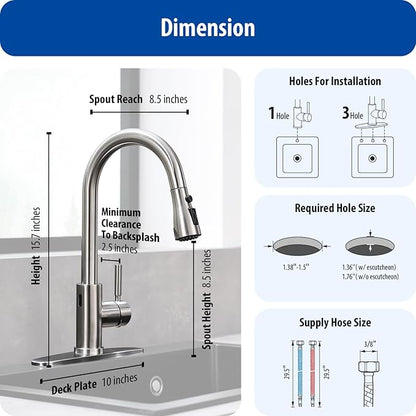 WEWE Touchless Kitchen Faucet with Pull Down Sprayer - Single Handle Kitchen Faucets Smart Motion Sensor Stainless Steel Brushed Nickel Sink Faucet