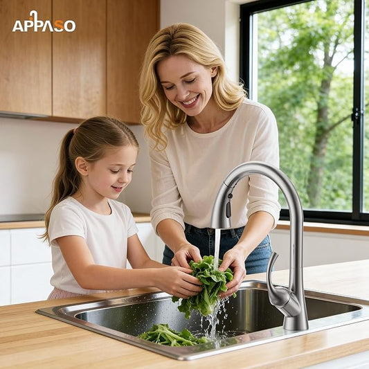 APPASO Brushed Nickel Kitchen Faucet with Pull Down Sprayer, 3-Function Spray Head, 360° Swivel, 20-Inch Hose, Single Handle High Arc Sink Faucet with Deck Plate for 1-3 Hole Sink, Unique Design