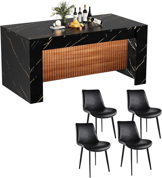 Faux Imitation Dining Table with 4 Velvet Dining Chairs Set, Marble Stripes Kitchen Island Table with Grille Design for 4-6, Luxury Island with LED Lights for Home Kitchen. (Black)