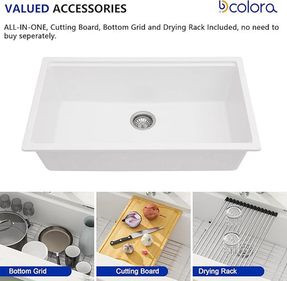Dcolora 30 In. White Granite Composite Undermount Kitchen Sink Single Bowl Workstation, Quartz Kitchen Sink 30" x 19" x 9.65" #DC-GU5521