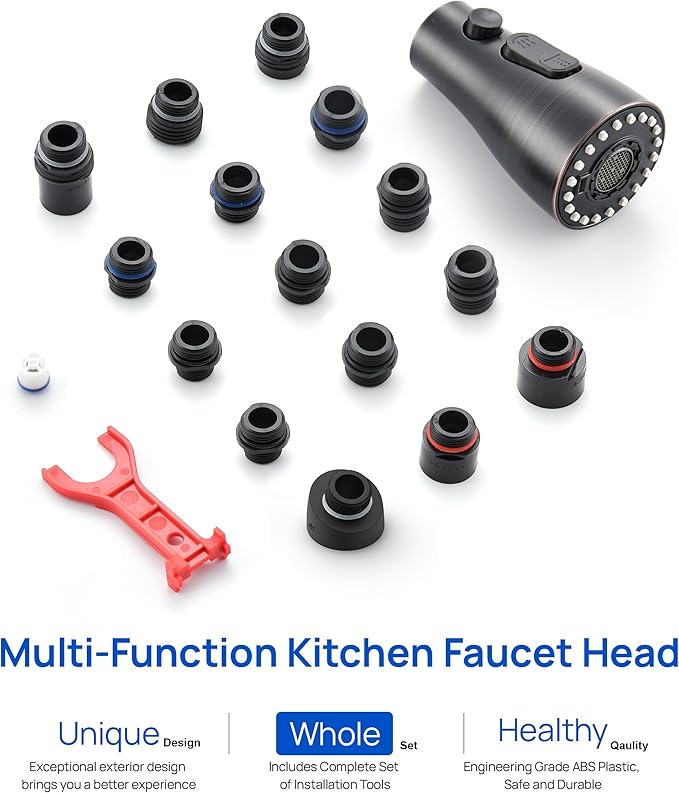 J-HVA Metal Kitchen Faucet Head Replacement – 3 Mode High-Pressure Sink Sprayer Replacement with 15 Nozzle Adapters, Durable Pull Down Spray Head for Kitchen Sink, Oil Rubbed Bronze, Stainless Steel