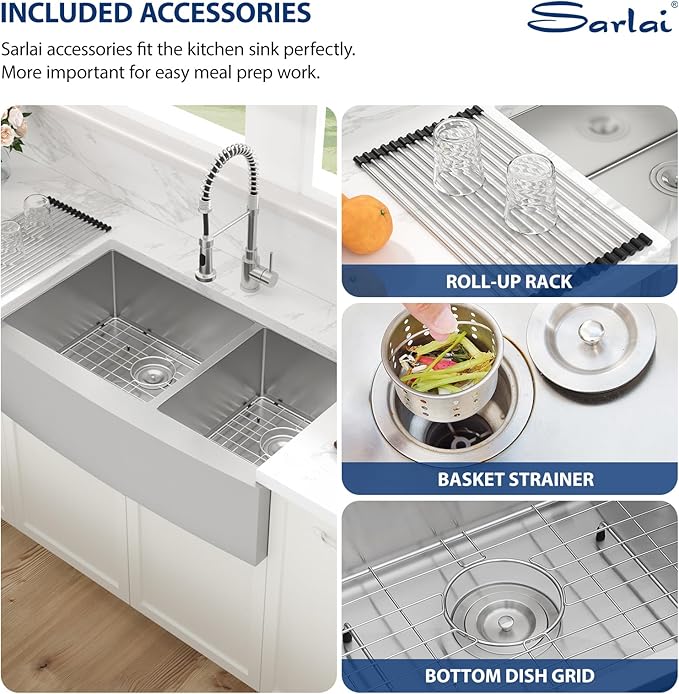Sarlai 36 Stainless Farmhouse Sink Double Bowl - 36x21 Inch Apron Front Kitchen Sink Stainless Steel Farm 60/40 Farmer Double Kitchen Sinks 16 Gauge Round Corner Undermount Farm Sinks Basin