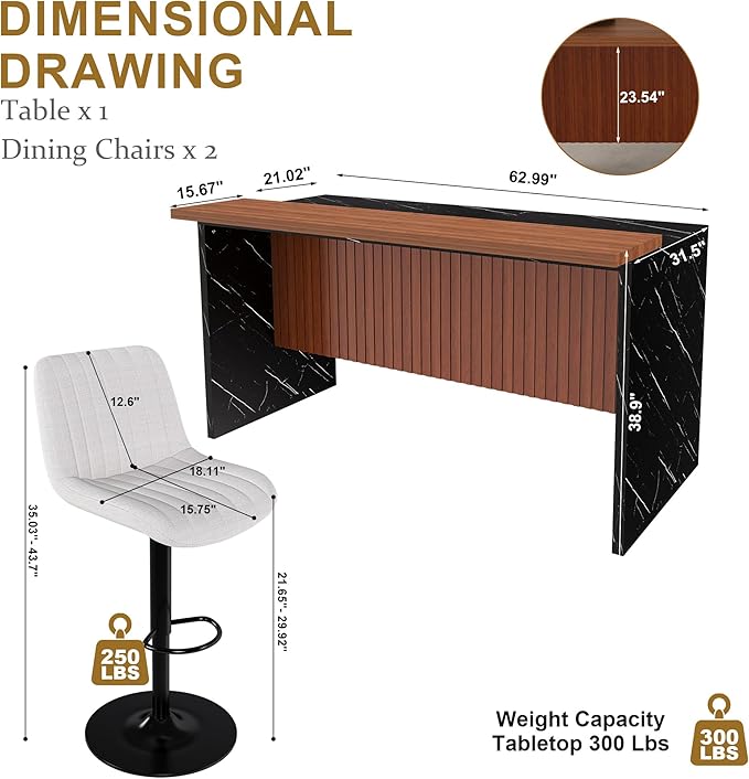 63" Kitchen Island Set with 2 Beige Bar Stools Black Marble Look, LED Lighting Grill for Dining Room, Open Concept Spaces, Lounge(2 Beige Bar Stools)