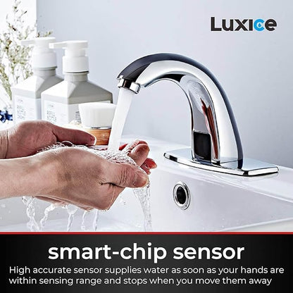 Touchless Bathroom Sink Faucet - Automatic Motion Sensor Battery Opertated with Temperature Mixing Valve for Commercial Lavatory Bathroom, Chrome