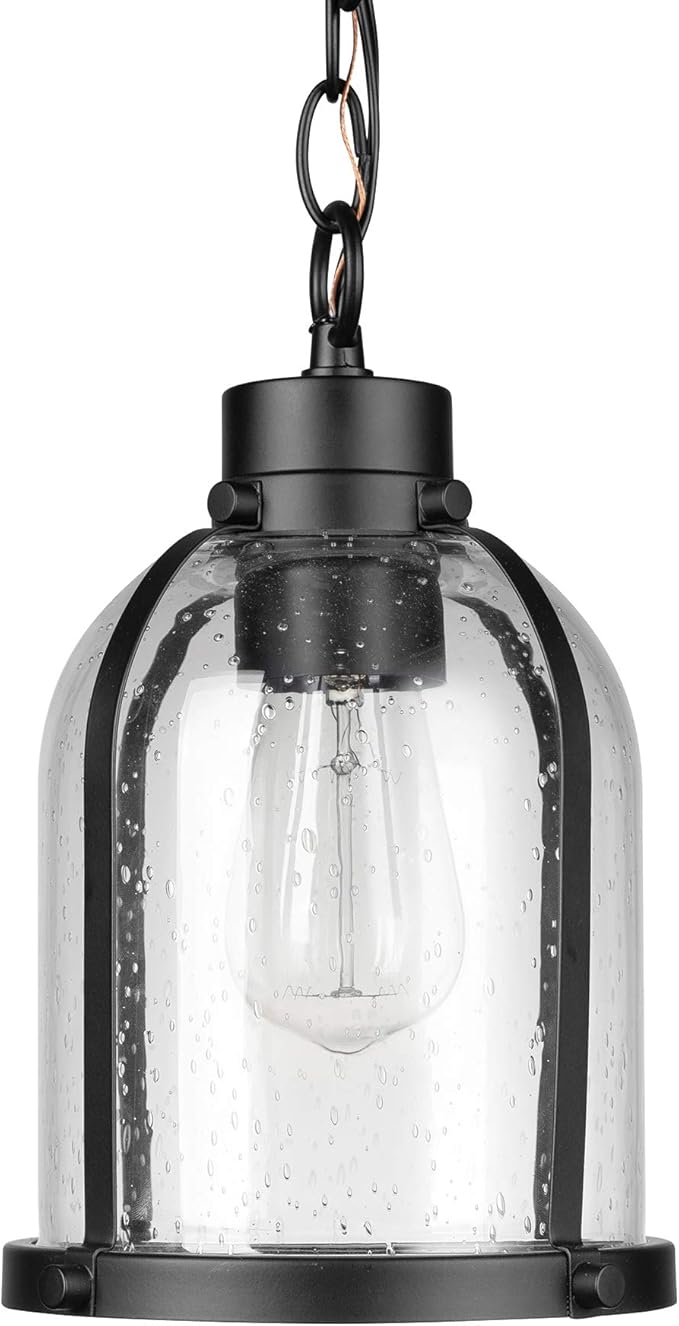 Globe Electric 44627 1-Light Outdoor Pendant, Matte Black, Clear Seeded Glass Shade, Bulb Included