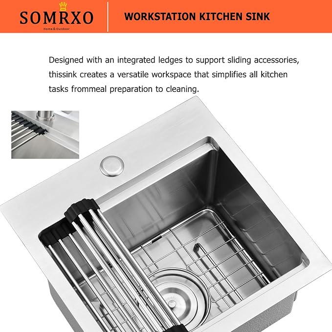 15x15 Inch Drop In Bar Sink - 16 Gauge Stainless Steel Small Kitchen Sink, 10" Deep Single Bowl Workstation Sinks with Accessories for RV, Outdoor Kitchen & Wet Bar