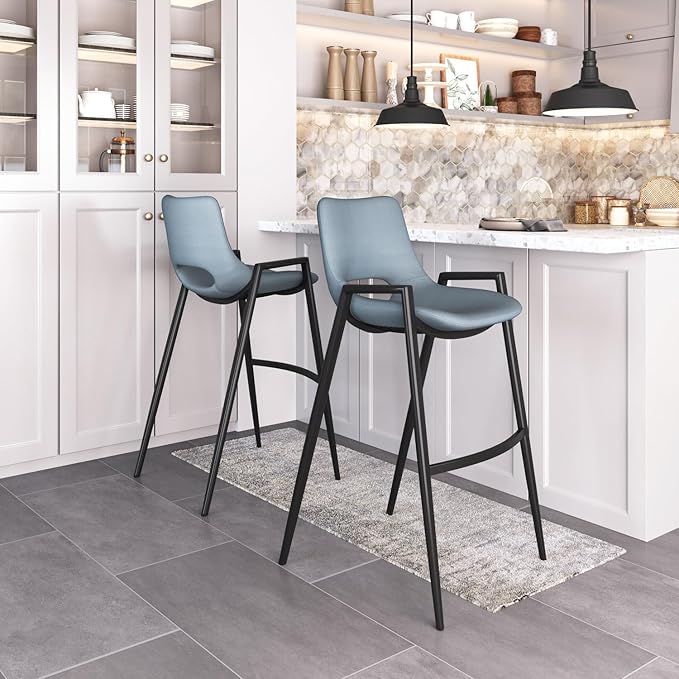 HomeStock Bar Stools Set of 2 - Gray Vinyl Seat & Steel Frame - Kitchen Island & Dining