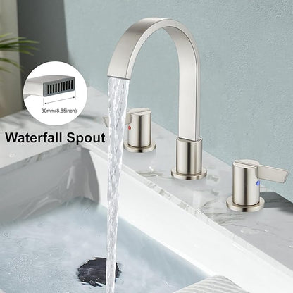 Midanya 8 inch Widespread Bathroom Sink Faucet,Modern Waterfall 3 Hole 2 Handles Bathroom Faucet 8" Vanity Faucets with Pop Up Drain and Water Supply Lines,Brushed Nickel