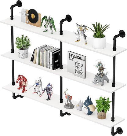3-Tier Industrial Pipe Floating Shelf – Rustic 48 inch Wood Wall-Mounted Storage Shelf for Kitchen Office,Bathroom & Home Decor -White
