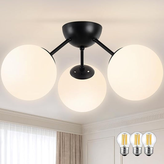 Bagood 3-Light Mid Century Modern Semi Flush Mount Ceiling Light, Opal Glass Globe & Matte Black, Dimmable, UL Certified, for Bedroom, Kitchen, Living Room (Bulb Incl.)