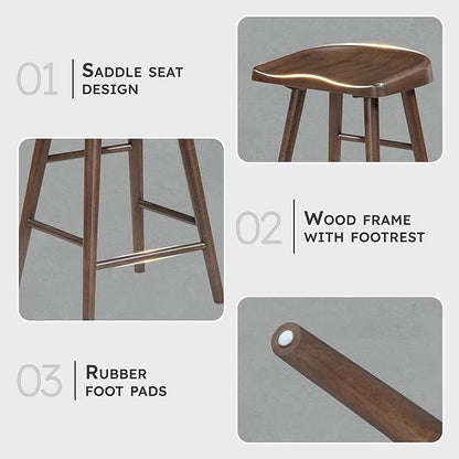 Lexicon Counter Height Stools Set of 2, Sturdy Acacia Wood Frame Saddle Seat Bar Chairs, Rustic Backless Kitchen Island Seating for Dining Room, Home Bar, Breakfast Nook, Brown