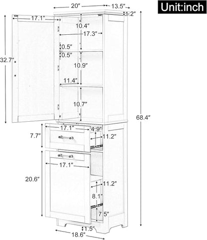 Favfurish 68" Tall Bathroom Storage Cabinet with Door and 2 Drawer,Modern Linen Cabinets w/Adjustable Shelf & Magnetic Door Stopper,Freestanding Organizer for Bath Room,Study,Office,Kitchen Black