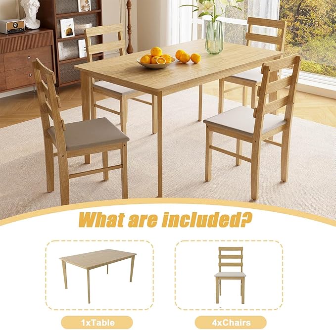 Majnesvon 5 Piece Dining Table Set for 4, Farmhouse Kitchen Table Set with Chairs, Wood Dining Table Chair for Kitchen, Restaurant, Apartment (Natural 5-Piece)