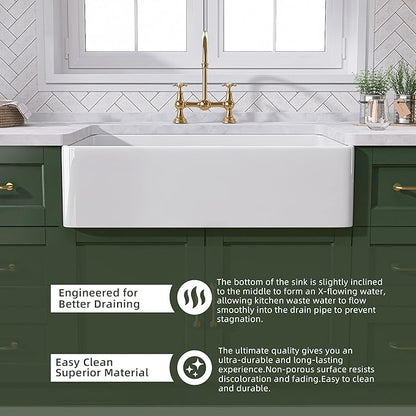 TUKTUK White Farmhouse Sink 33 inch Fireclay Apron Front Farm House Kitchen Sink Single Bowl Deep Drop In Undermount Reversible Heavy Duty Easy to Clean Porcelain Kitchen Basin Modern Luxury Accessory