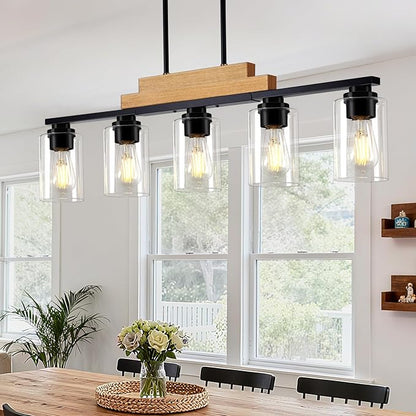 Dining Room Light Fixture/Chandeliers Over Table, 5-Light Modern Rustic Linear Pendant Lights Kitchen Island Lighting, Wood Ceiling Light Fixture Hanging with Clear Glass Shade, Matte Black