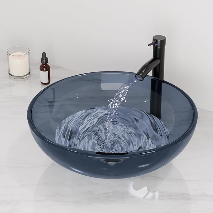 Design Vessel Sink Bathroom Sink above counter Small Vessel Sink Bathroom Sink Bowl Countertop Modern Sinks with faucet and drain combo 16.5" Round Transparent New