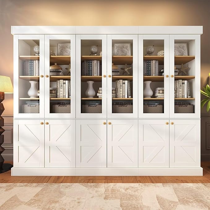 ivaniti 71" Tall Farmhouse Kitchen Pantry, Rustic Large Storage Cabinet with Glass Doors, Adjustable Shelves, Wood Versatile Hutch Cabinet for Dining Room, Living Room, White, Set of 3