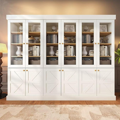 ivaniti 71" Tall Farmhouse Kitchen Pantry, Rustic Large Storage Cabinet with Glass Doors, Adjustable Shelves, Wood Versatile Hutch Cabinet for Dining Room, Living Room, White, Set of 3