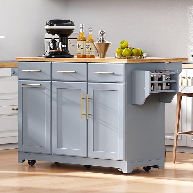 59.3" Kitchen Island with 2 Pull Out Cabinet Organizers & Rubber Wood Drop Leaf, Rolling Kitchen Island with Trash Can Storage, Power Outlet, Spice & Towel Rack for Kitchen, Dining, Grey Blue