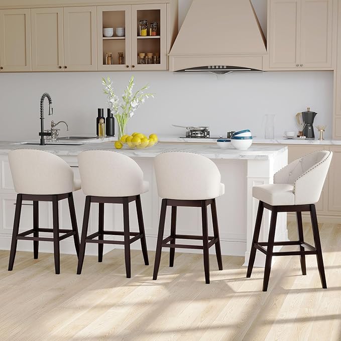 Giantex Modern Upholstered Bar Stools Set of 2, 31" Bar Height Swivel Kitchen Stools w/Button-Tufted Back, Rubber Wood Frame, Rivet Decoration, Linen Fabric Barstools for Counter Island, Cafe, Beige